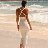 Form-Ribbed Plunge Split-Back Maxi Dress - White