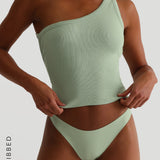 Form-Ribbed One-Shoulder Open-Back Top - Mint