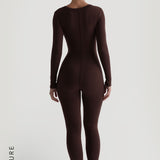 U-Shape Long Sleeve Jumpsuit - Chocolate