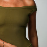 Form-Ribbed Off Shoulder Top - Olive