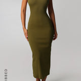 Form-Ribbed High Neck Maxi Dress - Olive