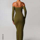 Form Ribbed Off Shoulder Maxi Dress - Olive