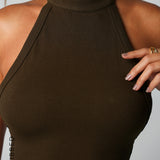 Form-Ribbed High Neck Top - Brown Sugar
