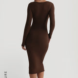 V-Shape Long Sleeve Midi Dress - Cocoa