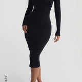 V-Shape Long Sleeve Midi Dress - Black