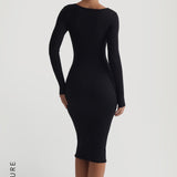 V-Shape Long Sleeve Midi Dress - Black