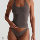 V-Neck Micro-Ribbed Halter Top - Mushroom