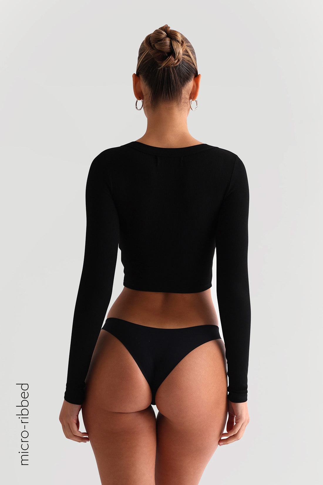 Scooped Micro-Ribbed Mid-Length Crop Top - Black