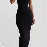 Maxikleid zum Hineinschlüpfen mit Mikrorippenmuster - Schwarz