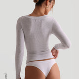 V-Shape Micro-Ribbed Long Sleeve Top - Light Heather Gray
