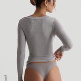 V-Shape Micro-Ribbed Long Sleeve Top - Heather Gray