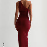 The One-Shoulder Ruched Maxi Dress - Wine