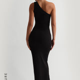 The One-Shoulder Ruched Maxi Dress - Black
