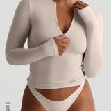 Zip-Up Long Sleeve T-Shirt - Buttercream