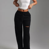 Cut-Out Wide Leg Sweatpants - Black