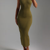 Form-Ribbed High Neck Maxi Dress - Olive