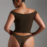 Form-Ribbed Off Shoulder Top - Brown Sugar