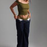 Form-Ribbed Off Shoulder Top - Olive