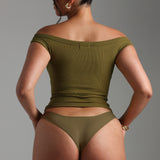 Form-Ribbed Off Shoulder Top - Olive