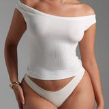 Form-Ribbed Off Shoulder Top - White