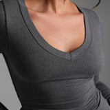 V-Shape Long Sleeve T-Shirt - Dark Stone Gray