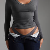 V-Shape Long Sleeve T-Shirt - Dark Stone Gray
