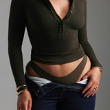 Form-Ribbed Button-Up Long Sleeve T-Shirt - Charcoal