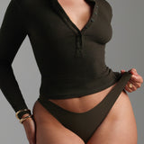 Form-Ribbed Button-Up Long Sleeve T-Shirt - Charcoal