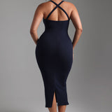 Form-Ribbed Cross-Back Midi Dress - Navy