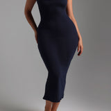 Form-Ribbed Cross-Back Midi Dress - Navy