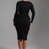 V-Shape Long Sleeve Midi Dress - Black