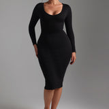 V-Shape Long Sleeve Midi Dress - Black
