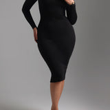 V-Shape Long Sleeve Midi Dress - Black