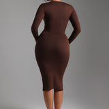 V-Shape Long Sleeve Midi Dress - Cocoa