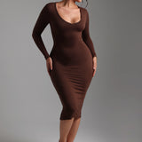 V-Shape Long Sleeve Midi Dress - Cocoa