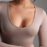 V-Shape Long Sleeve Midi Dress - Warm Mocha