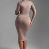 V-Shape Long Sleeve Midi Dress - Warm Mocha