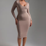 V-Shape Long Sleeve Midi Dress - Warm Mocha