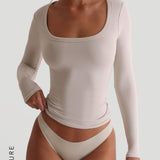 T-shirt à manches longues en forme de U - Avoine clair