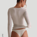 T-shirt à manches longues en forme de U - Avoine clair