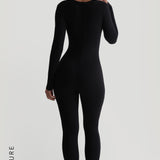 U-Shape Long Sleeve Jumpsuit - Black
