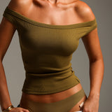 Form-Ribbed Off Shoulder Top - Olive