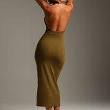 Form-Ribbed High Neck Maxi Dress - Olive