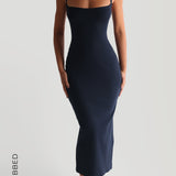 Form-Ribbed Cross-Back Midi Dress - Navy
