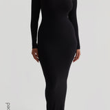 Scooped Micro-Ribbed Maxi Dress - Black