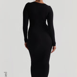 Scooped Micro-Ribbed Maxi Dress - Black