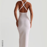 Form-Ribbed Plunge Split-Back Maxi Dress - White