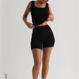 Shorts mit hoher Taille und Mikrorippenmuster - Schwarz