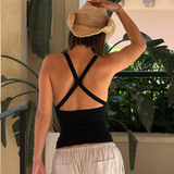 Form-Ribbed Plunge Split-Back Tank Top - Black