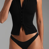Form-Ribbed Button-Down Tank Top - Black